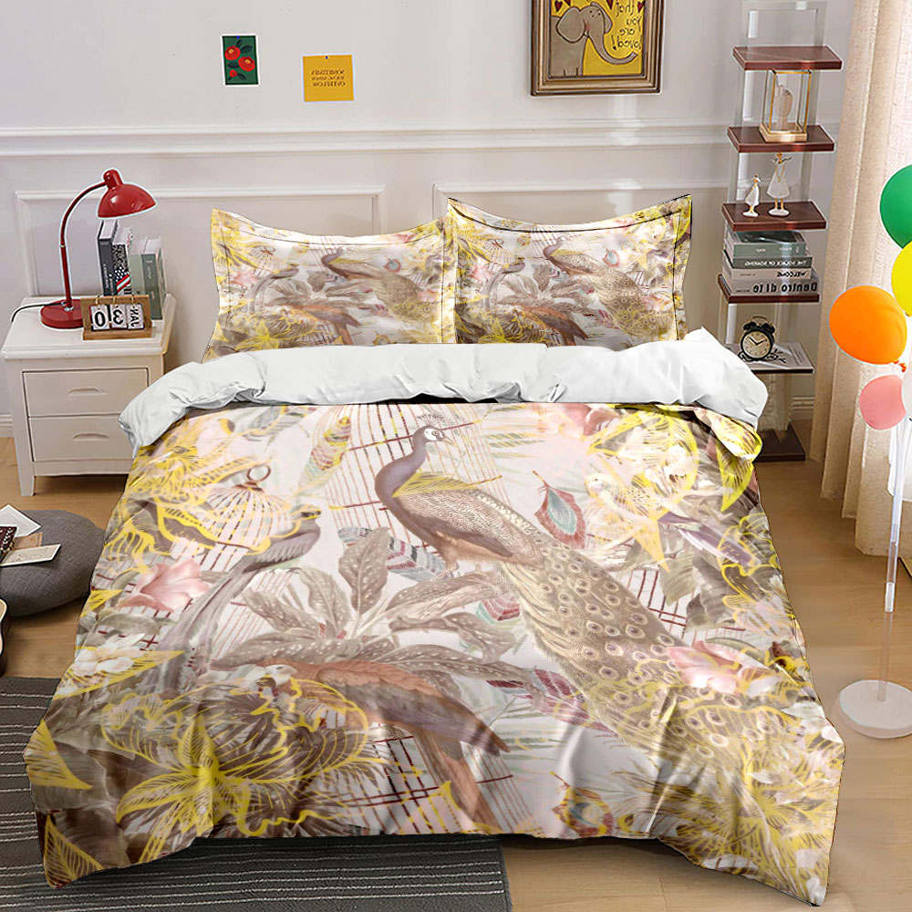 Aesthetic Floral Duvet Cover - ヴィンテージ孔雀鳥かご寝具セット、レトロな花柄植物プリント布団カバーセット、中国風の美的寝具、家の装飾用