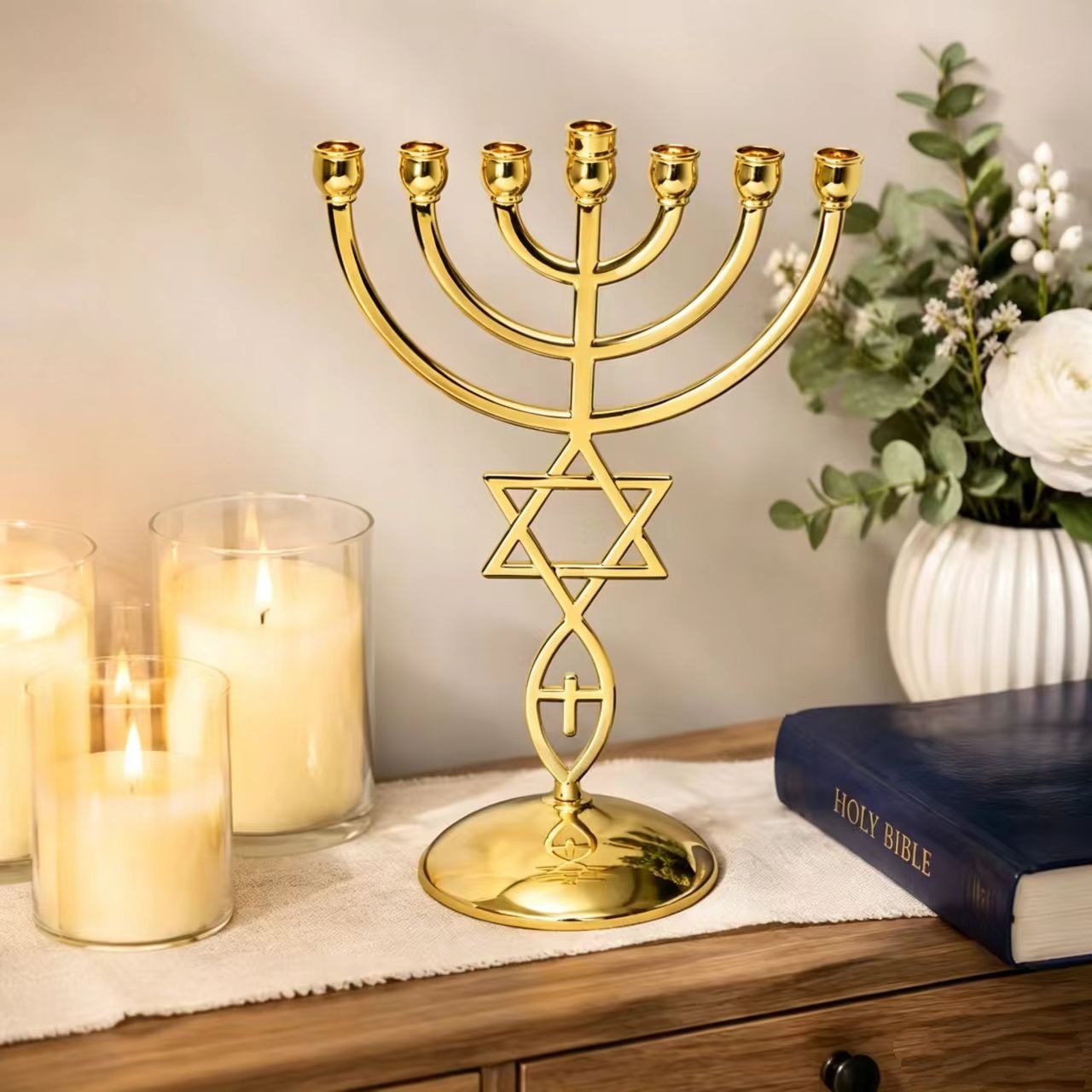 Home Decor - ハヌカ七灯式燭台セット ダビデの星 ユダヤ教燭台 ホームデコレーション 宗教的ギフト オーナメント