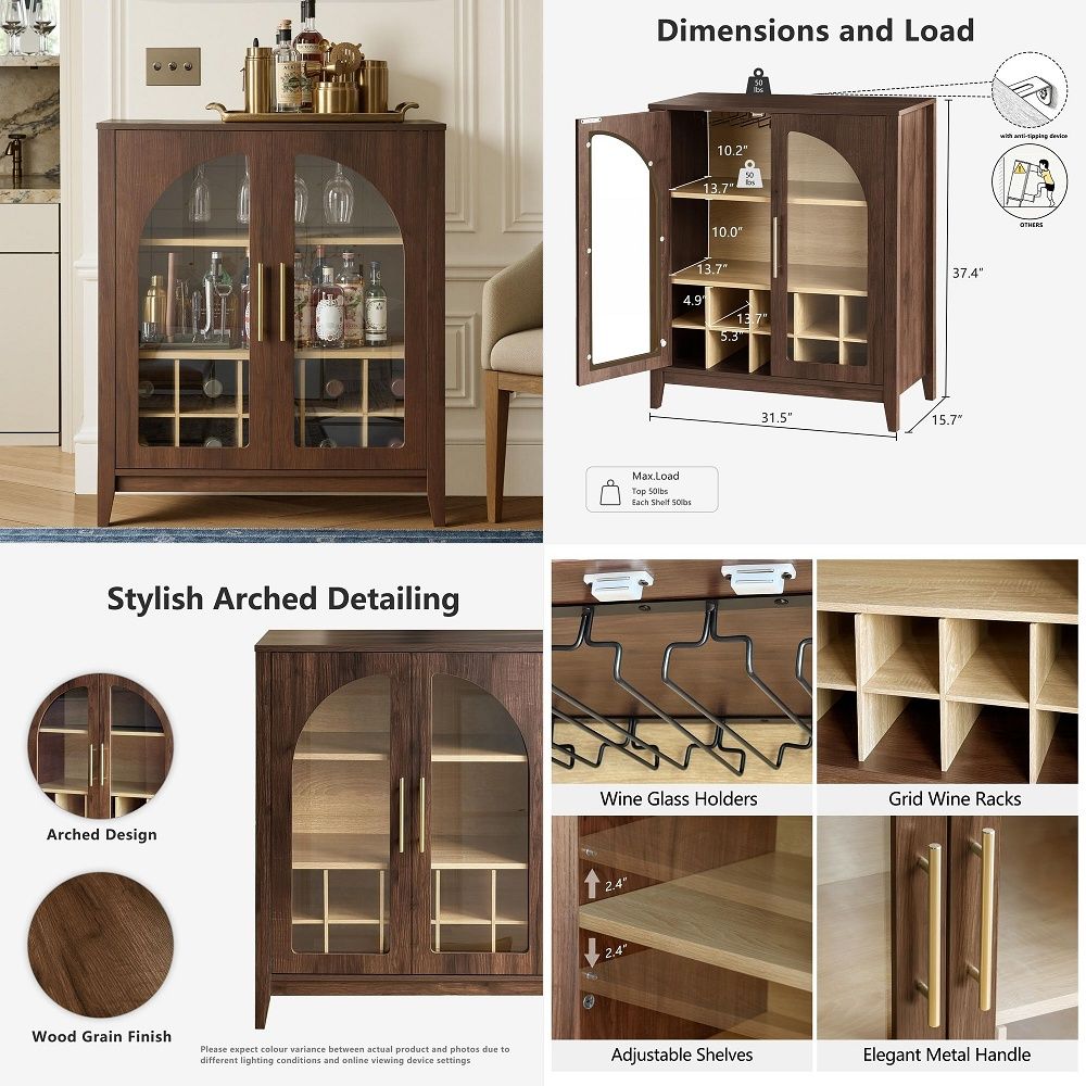 Storage & Organization - 背の高い収納キャビネット、ガラス扉付き溝付きパントリーキャビネット、木製キッチンフードカップボード、調節可能な棚、モダンなディスプレイ