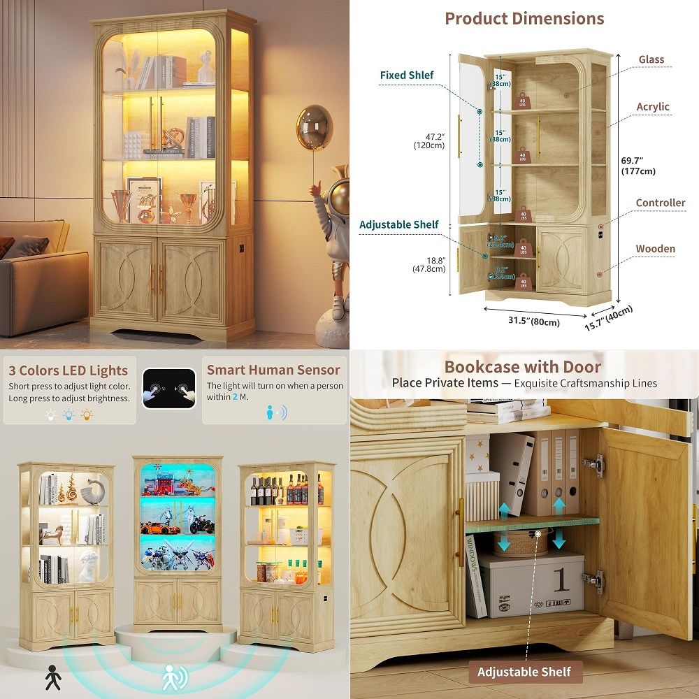 Storage & Organization - ガラス扉と収納棚付きディスプレイキャビネット、モダンなコレクション用ディスプレイキャビネット、展示用トロフィーケース、ブラック31.5