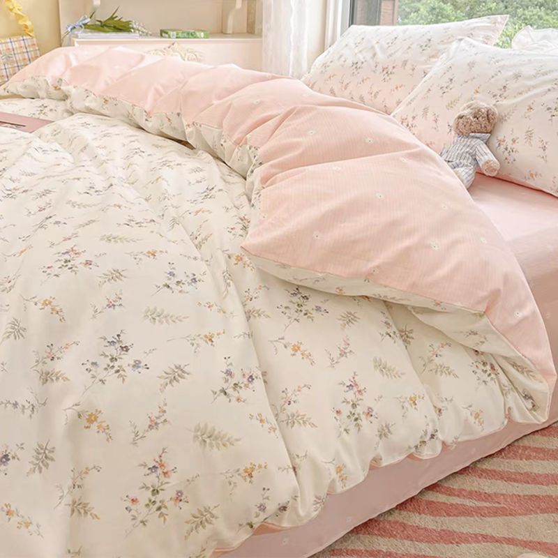 Aesthetic Floral Duvet Cover - 男の子と女の子のためのピンクの花柄の寝具セット,フラットシートカバー,枕カバーなし,ダブル,クイーン