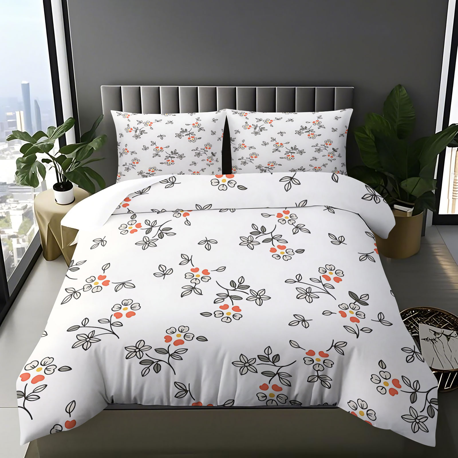 Aesthetic Floral Duvet Cover - ミニマルな手描きの細い線オレンジレッドの小さな花柄2/3ピース布団カバーセットシンプルで新鮮なソフトな美的寝具セット