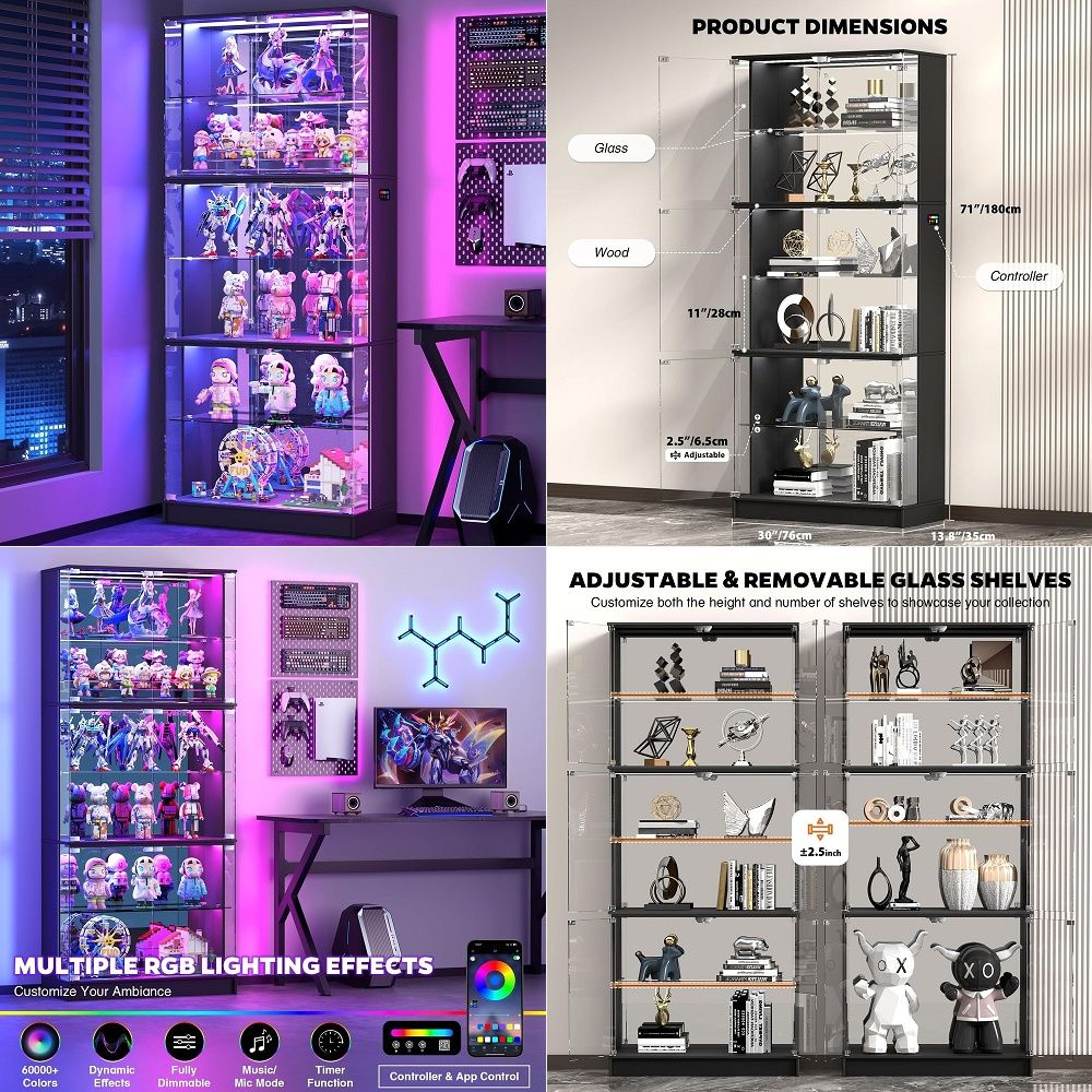 Lighting - ガラス扉付きディスプレイキャビネット、6段71インチ高さのコレクション用RGBライト付きキュリオキャビネット、調節可能なガラス付きディスプレイケース