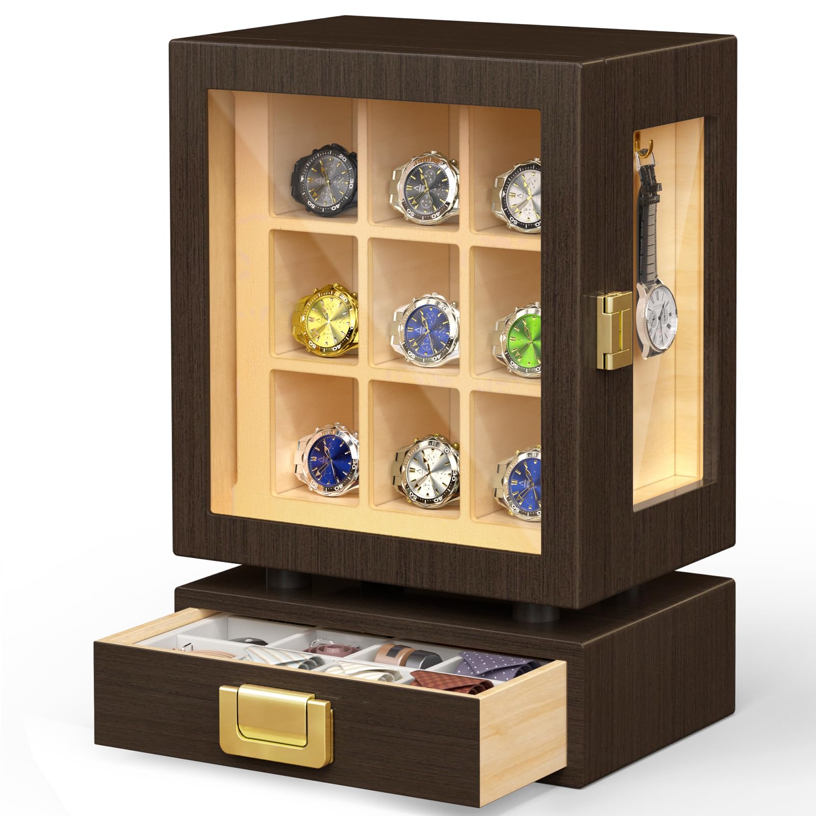 Storage & Organization - カスタム長方形木製腕時計収納ボックス、無垢ウォールナット製ディスプレイケース、引き出し付き防水大容量モダン腕時計オーガナイザー