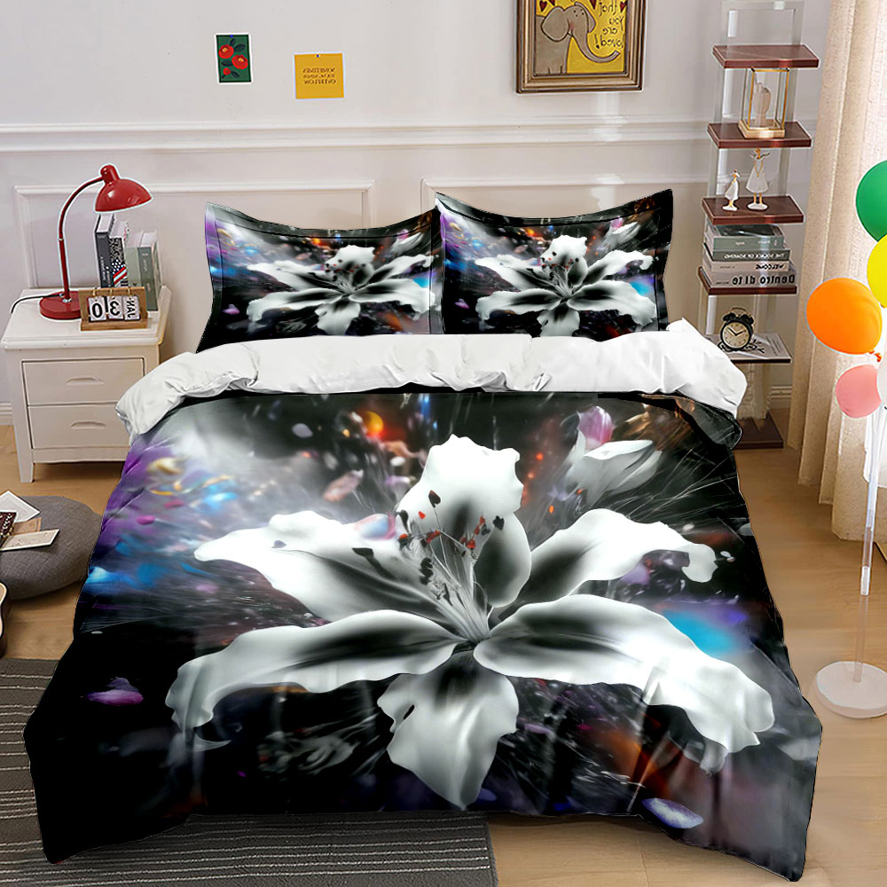 Aesthetic Floral Duvet Cover - 抽象的な白いユリの花柄寝具セット3点、黒背景の花柄アート布団カバーセット、寝室用の美的で柔らかいベッドリネン