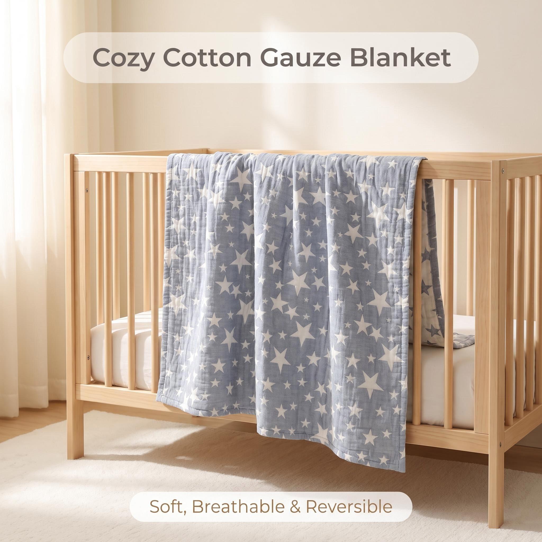 Muslin Cotton Bedspread - 3層コットンモスリンスローケット、超ソフトで軽量、通気性があり肌に優しいガーゼブランケット。ソファ、ベッド、カウチ、旅行、昼寝、オールシーズン、夏のエアコン対策、ベッドスプレッド、子供と大人向け、ブルーギフト。