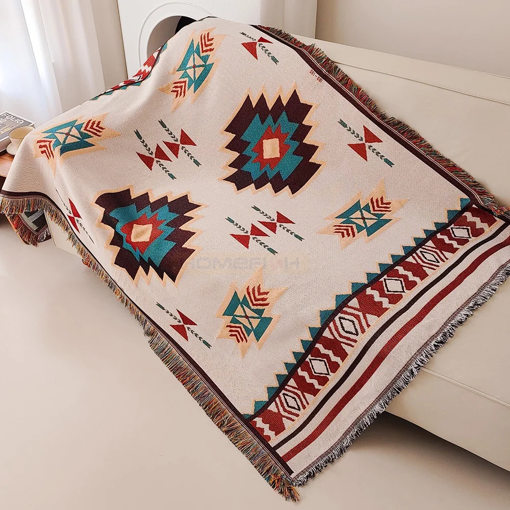 Boho Throw Blanket Fringe - アステカ柄オーバーサイズボホスローケット、フリンジ付きサウスウェスタン幾何学模様タペストリー、ヴィンテージ織りスローケット、ダブル-S