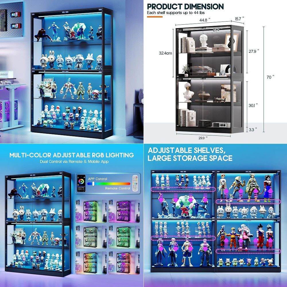 Lighting - LEDライトストリップ付きキャビネット、ガラス扉付きモダンなワードローブクローゼット、棚付き59.1W大型寝室用ワードローブ衣類オーガナイザー
