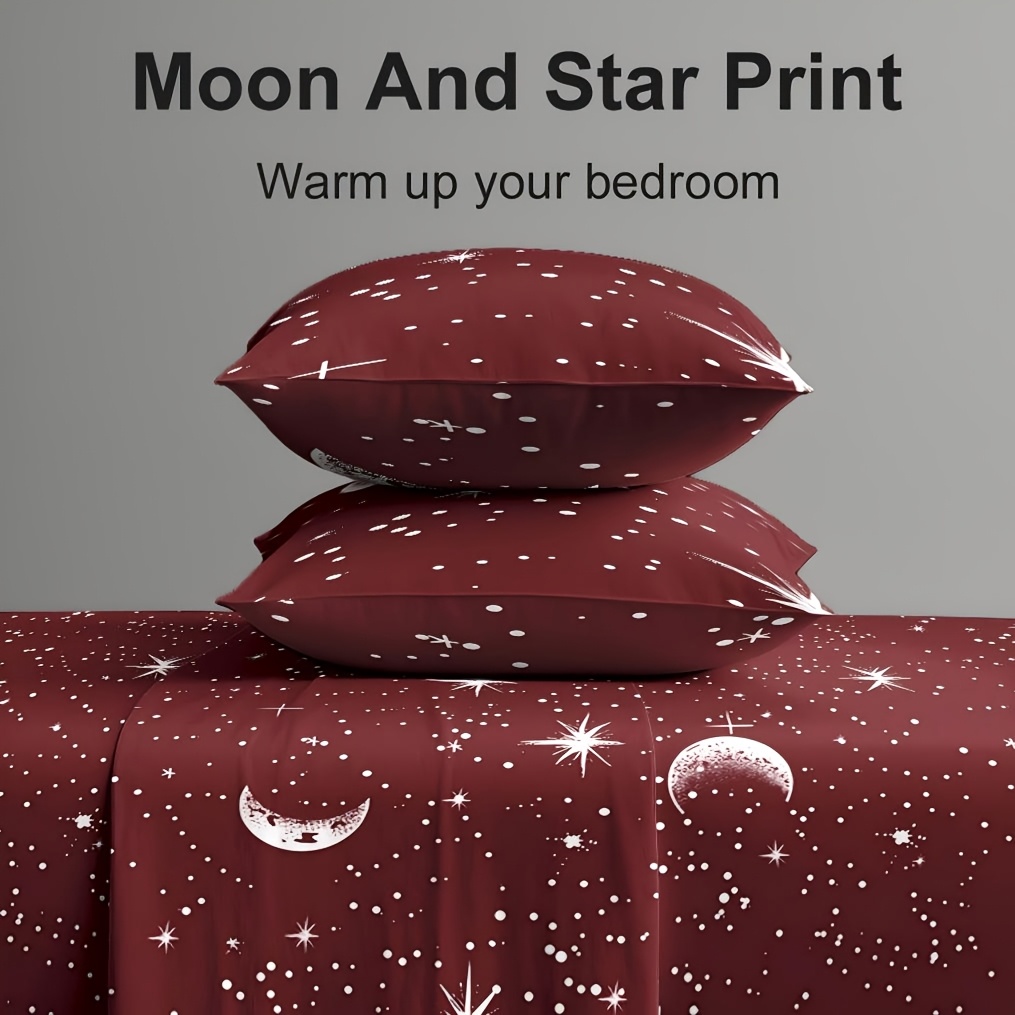 Fitted Bed Sheets Deep Pocket - 4点セット レッドムーン＆スタープリント マイクロファイバーベッドシーツセット ディープポケットフィットシーツ