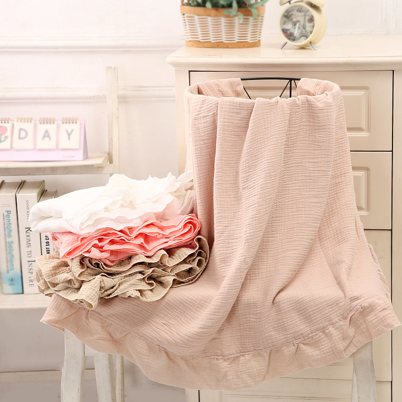 Muslin Cotton Bedspread - 綿100% フリル付きモスリンブランケット、2層サマーガーゼブランケット、ベッドやソファ用、柔らかく軽量なオールシーズン対応ブランケット/ベッドスプレッド
