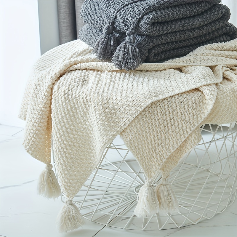 Boho Throw Blanket Fringe - ボヘミアンニットスローブランケット、装飾タッセルフリンジ付き、柔らかく心地良いベッドスプレッド、ソファカバーブランケット、ホームリビングルームの装飾、ギフトに最適