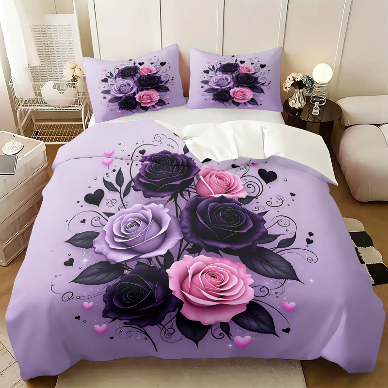 Aesthetic Floral Duvet Cover - パープルブラックピンクローズハート布団カバーセットゴシック花柄寝具掛け布団ロマンチックな美的女の子の寝室すべてのベッドサイズ