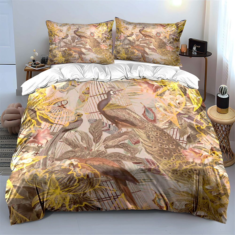 ヴィンテージ孔雀鳥かご寝具セット、レトロな花柄植物プリント布 - Aesthetic Floral Duvet Cover のレビューと価格