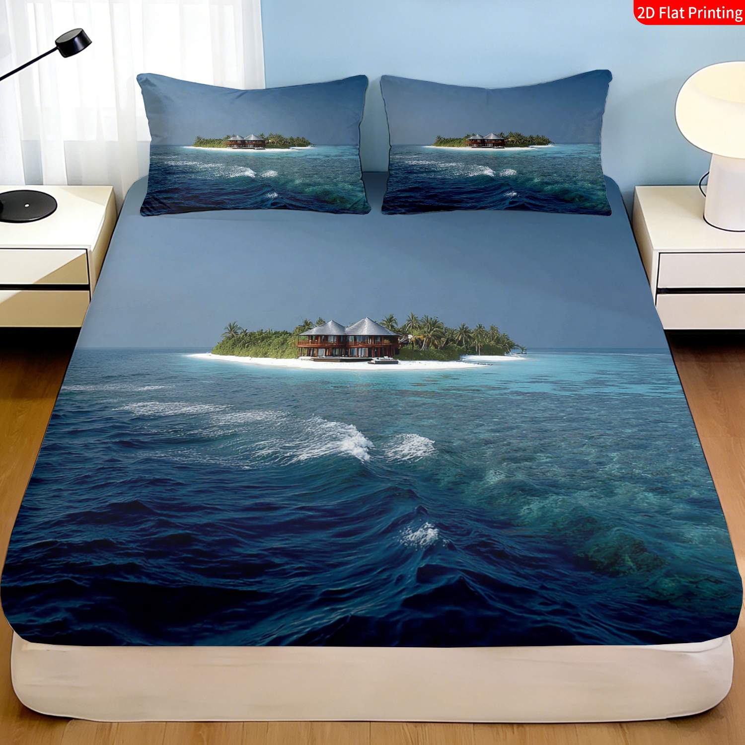 トロピカルアイランド寝具セット ヤシの木と水上小屋プリントの - Fitted Bed Sheets Deep Pocket のレビューと価格