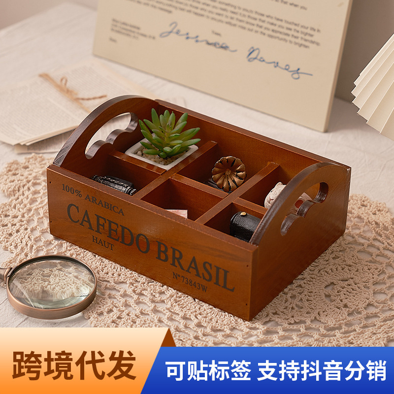雑貨レトロ木製ポータブル6グリッド収納ボックス多肉植物デスク - Storage & Organization のレビューと価格