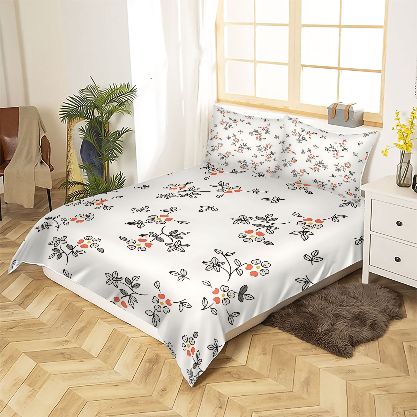 ミニマルな手描きの細い線オレンジレッドの小さな花柄2/3ピー - Aesthetic Floral Duvet Cover のレビューと価格
