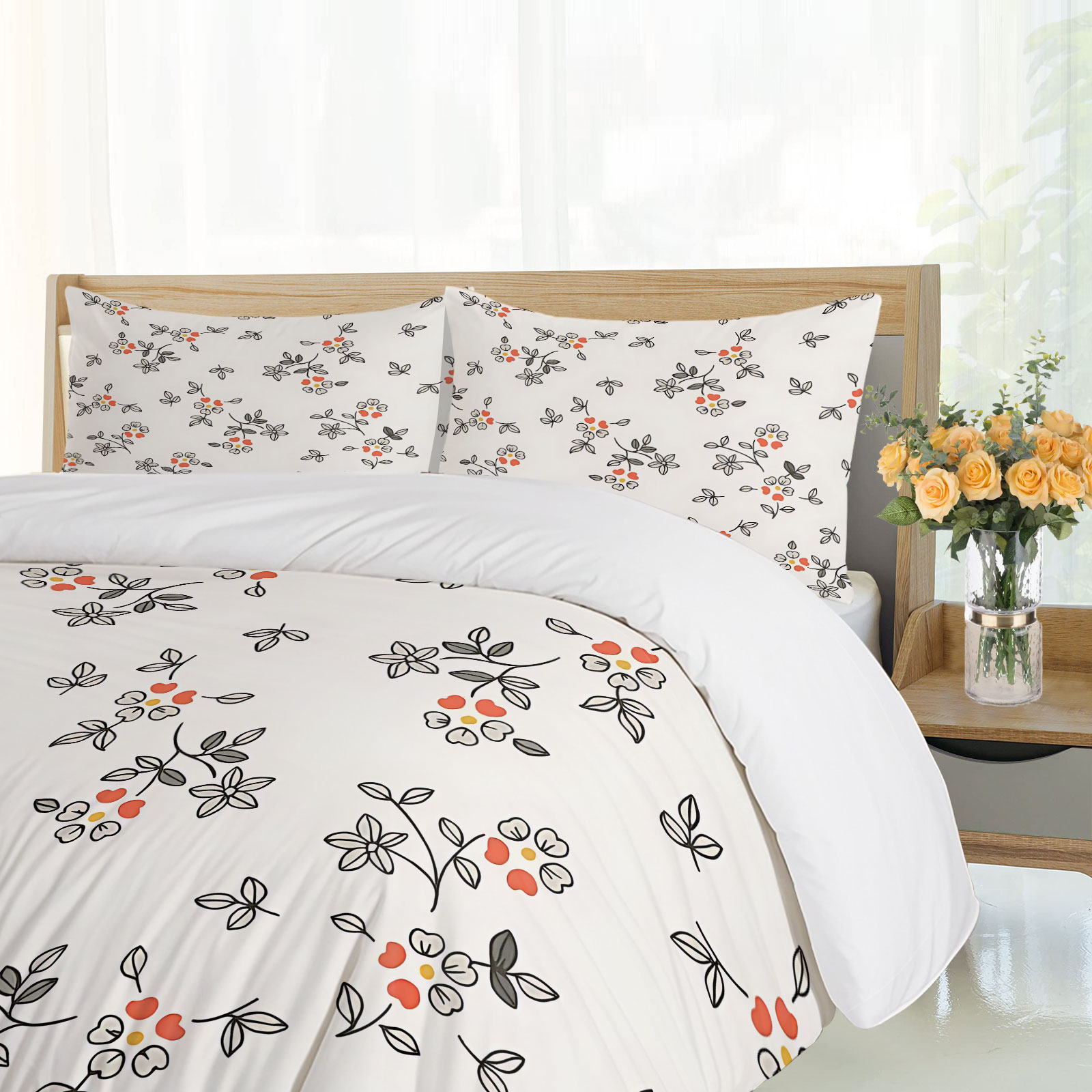 ミニマルな手描きの細い線オレンジレッドの小さな花柄2/3ピー - Aesthetic Floral Duvet Cover のレビューと価格