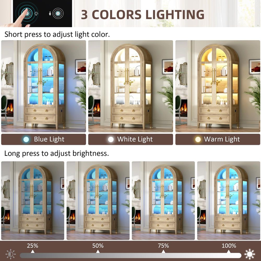 71アーチ型ガラス扉付きキュリオキャビネット、4段棚ディスプ - Lighting のレビューと価格