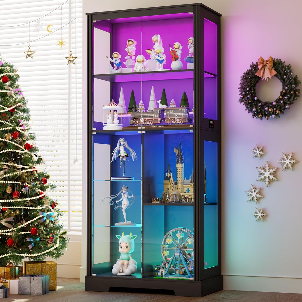 照明付きコーナーディスプレイキュリオキャビネット、木製曲線棚 - Storage & Organization のレビューと価格
