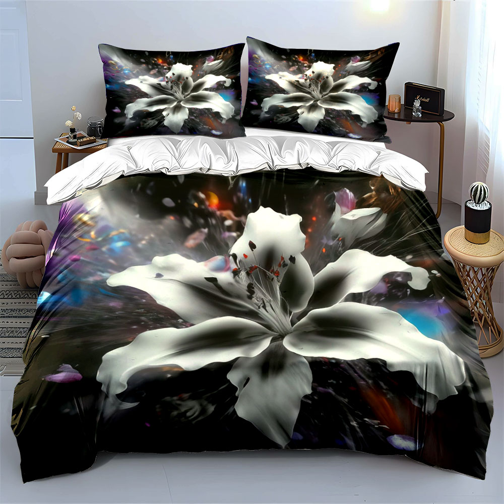 抽象的な白いユリの花柄寝具セット3点、黒背景の花柄アート布団 - Aesthetic Floral Duvet Cover のレビューと価格