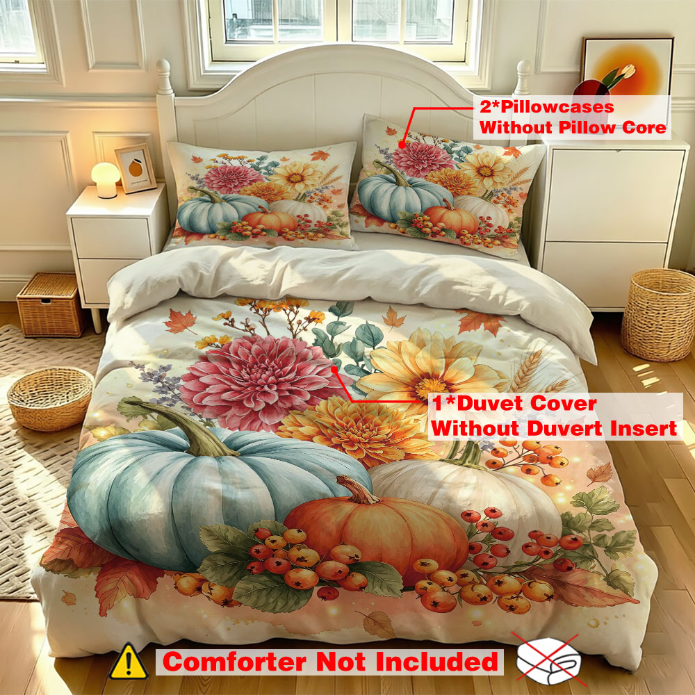 水彩画ライトブルーパンプキンひまわり花柄3点セット掛け布団カ - Aesthetic Floral Duvet Cover のレビューと価格