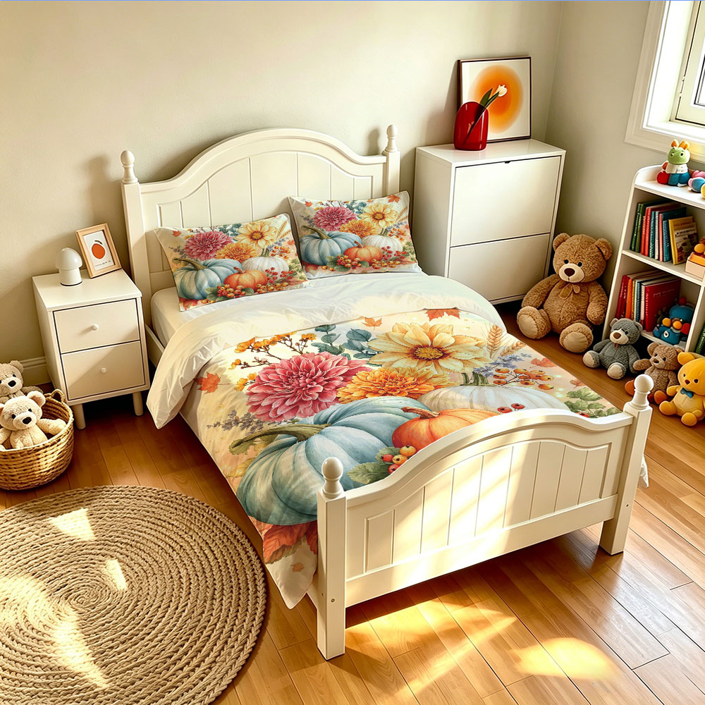 水彩画ライトブルーパンプキンひまわり花柄3点セット掛け布団カ - Aesthetic Floral Duvet Cover のレビューと価格