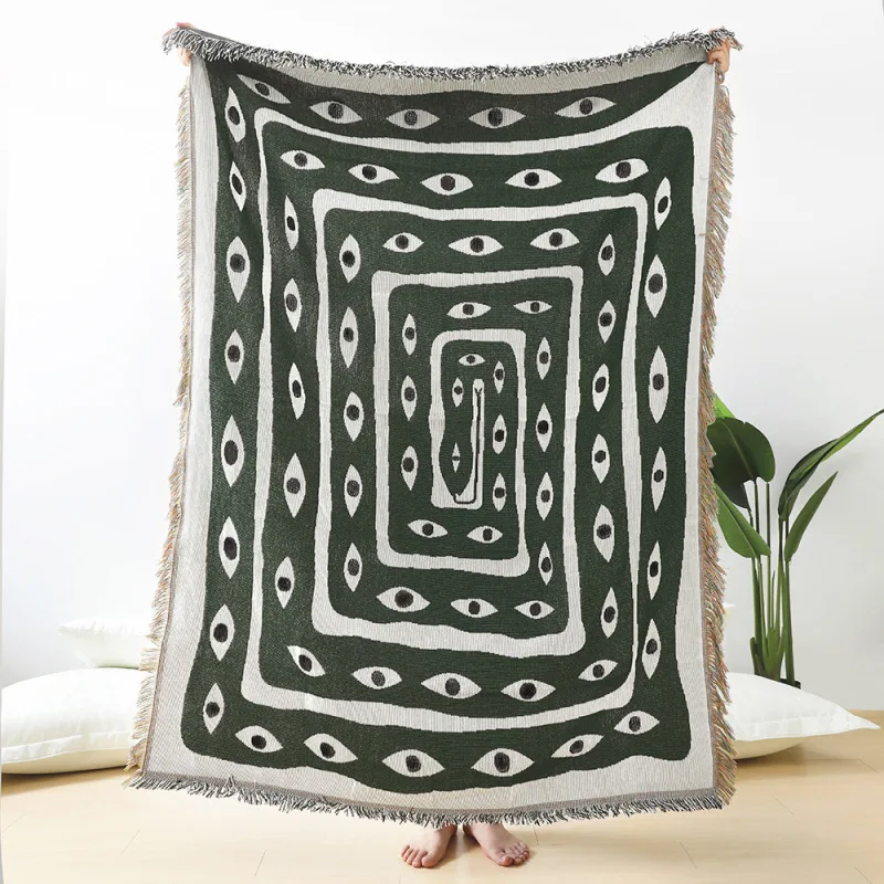 グリーンホワイト邪眼ジャカードスローブランケット抽象的なボヘ - Boho Throw Blanket Fringe のレビューと価格